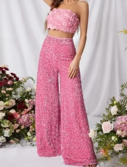 Women's Wide Leg Chinos Baggy Pants Fashion Streetwear Full Length High Waist Plain Sequins Comfy Soft Comfortable Micro-elastic Outdoor Party Street Black Pink Red Summer Spring Regular Fit