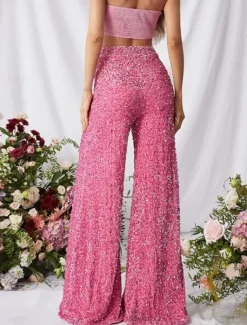 Women's Wide Leg Chinos Baggy Pants Fashion Streetwear Full Length High Waist Plain Sequins Comfy Soft Comfortable Micro-elastic Outdoor Party Street Black Pink Red Summer Spring Regular Fit
