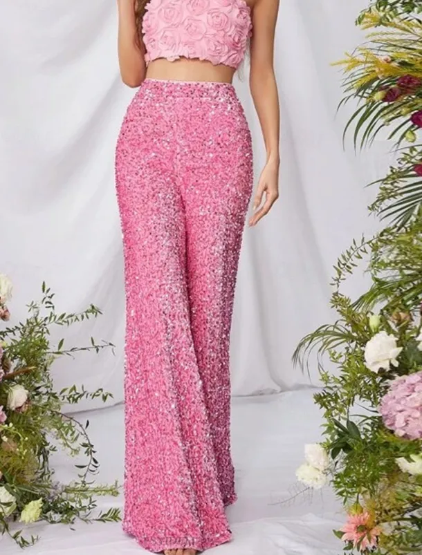 Women's Wide Leg Chinos Baggy Pants Fashion Streetwear Full Length High Waist Plain Sequins Comfy Soft Comfortable Micro-elastic Outdoor Party Street Black Pink Red Summer Spring Regular Fit