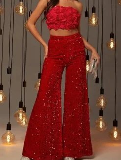 Women's Wide Leg Chinos Baggy Pants Fashion Streetwear Full Length High Waist Plain Sequins Comfy Soft Comfortable Micro-elastic Outdoor Party Street Black Pink Red Summer Spring Regular Fit