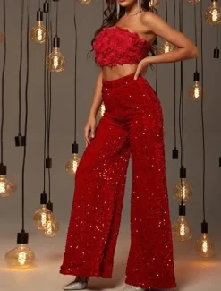 Women's Wide Leg Chinos Baggy Pants Fashion Streetwear Full Length High Waist Plain Sequins Comfy Soft Comfortable Micro-elastic Outdoor Party Street Black Pink Red Summer Spring Regular Fit