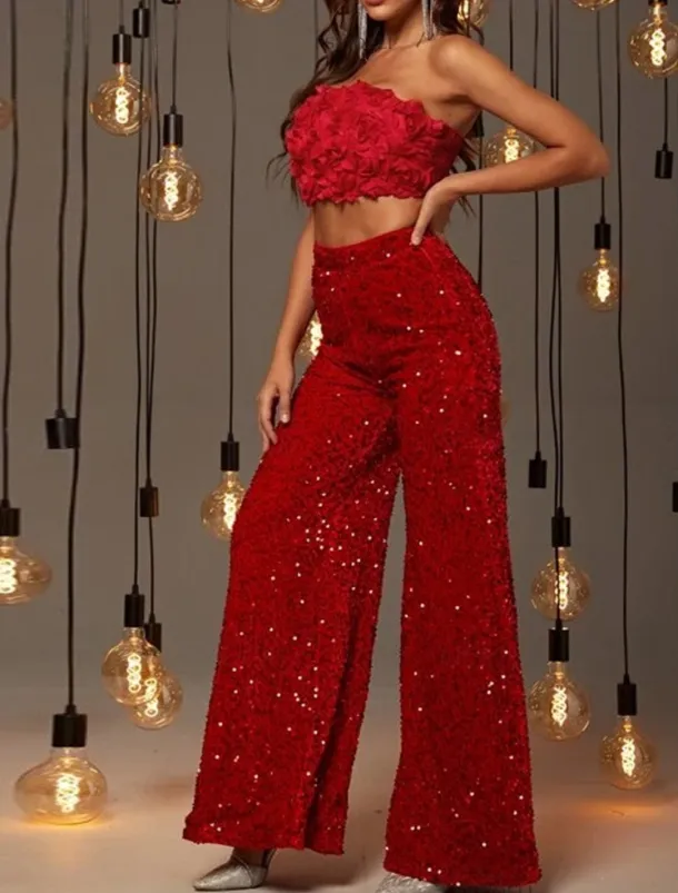 Women's Wide Leg Chinos Baggy Pants Fashion Streetwear Full Length High Waist Plain Sequins Comfy Soft Comfortable Micro-elastic Outdoor Party Street Black Pink Red Summer Spring Regular Fit