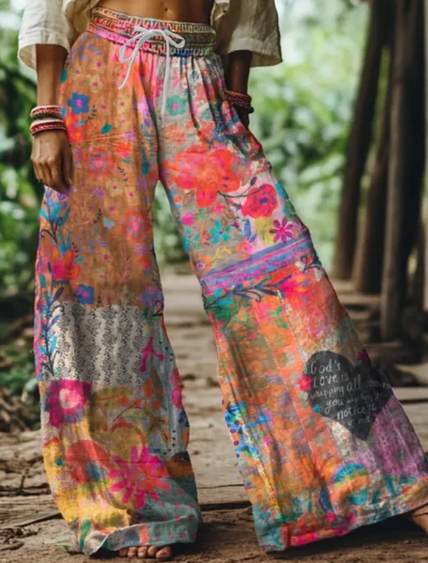 Women's Wide Leg Chinos Baggy Pants Vacation Vintage Ethnic Style Full Length High Waist Floral Graphic Printing Thermal Warm Soft Breathable Micro-elastic Vacation Street Causal claret Deep Green