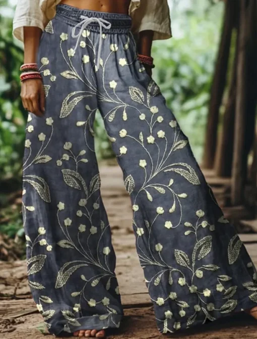 Women's Wide Leg Chinos Baggy Pants Vacation Vintage Ethnic Style Full Length High Waist Floral Graphic Printing Thermal Warm Soft Breathable Micro-elastic Vacation Street Causal claret Deep Green