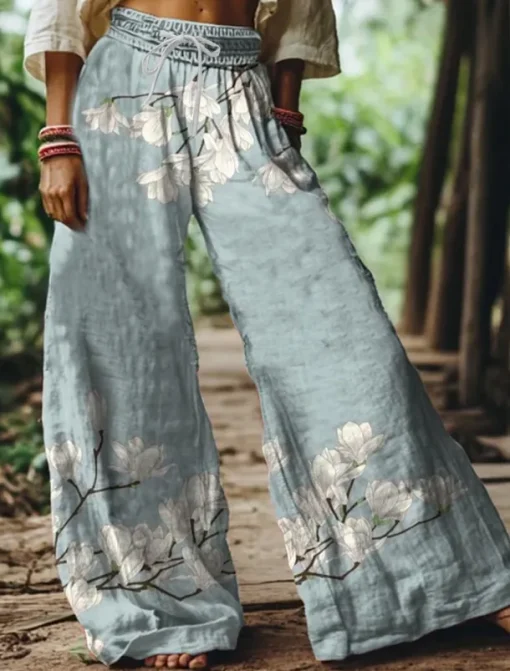 Women's Wide Leg Chinos Baggy Pants Vacation Vintage Ethnic Style Full Length High Waist Floral Graphic Printing Thermal Warm Soft Breathable Micro-elastic Vacation Street Causal claret Deep Green