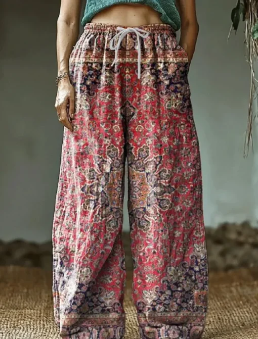 Women's Wide Leg Chinos Baggy Pants Vacation Vintage Ethnic Style Full Length High Waist Floral Graphic Printing Thermal Warm Soft Breathable Micro-elastic Vacation Street Causal claret Deep Green