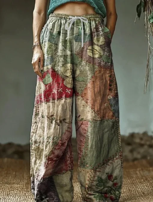 Women's Wide Leg Chinos Baggy Pants Vacation Vintage Ethnic Style Full Length High Waist Floral Graphic Printing Thermal Warm Soft Breathable Micro-elastic Vacation Street Causal claret Deep Green