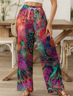 Women's Wide Leg Chinos Baggy Pants Vacation Vintage Fashion Full Length High Waist Floral Graphic Peacock Printing Soft Breathable Micro-elastic Formal Outdoor Vacation Robin's Egg Blue Ruby Red