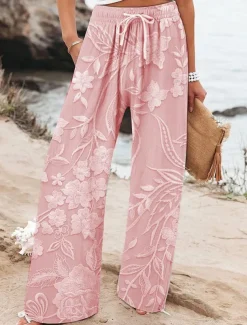Women's Wide Leg Chinos Baggy Pants Vacation Fashion Hawaiian Full Length High Waist Floral Graphic Printing Soft Breathable Micro-elastic Casual Daily Casual Daily Pink Blue Purple Beige Summer