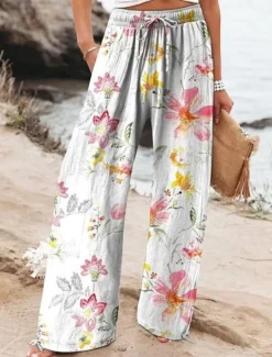 Women's Wide Leg Chinos Baggy Pants Vacation Fashion Hawaiian Full Length High Waist Floral Graphic Drawstring Printing Soft Breathable Micro-elastic Vacation Street Causal Violet off-white Deep Blue