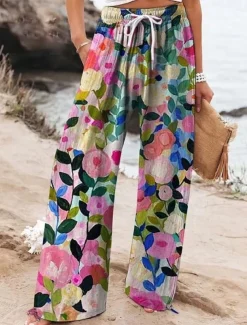 Women's Wide Leg Chinos Baggy Pants Vacation Fashion Hawaiian Full Length High Waist Floral Graphic Drawstring Printing Soft Breathable Micro-elastic Vacation Street Causal Violet off-white Deep Blue