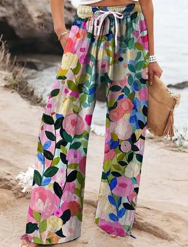 Women's Wide Leg Chinos Baggy Pants Vacation Fashion Hawaiian Full Length High Waist Floral Graphic Drawstring Printing Soft Breathable Micro-elastic Vacation Street Causal Violet off-white Deep Blue
