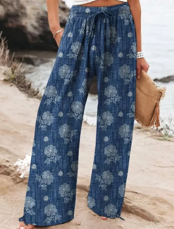 Women's Wide Leg Chinos Baggy Pants Vacation Fashion Hawaiian Full Length High Waist Floral Graphic Drawstring Printing Soft Breathable Micro-elastic Vacation Street Causal Violet off-white Deep Blue