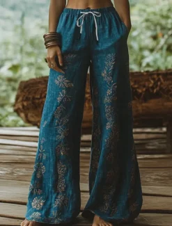 Women's Wide Leg Chinos Baggy Pants Vacation Vintage Ethnic Style Full Length High Waist Floral Graphic Printing Thermal Warm Soft Breathable Micro-elastic Vacation Street Causal Sky Blue And White