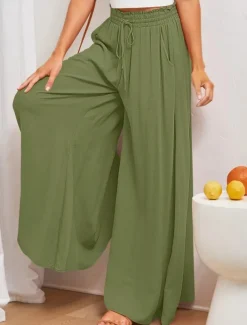 Women's Wide Leg Chinos Baggy Pants Basic Casual Full Length High Waist Plain Pocket Elastic Waistband Comfy Soft Comfortable Micro-elastic Outdoor Street Blue Orange Green Khaki Summer Spring