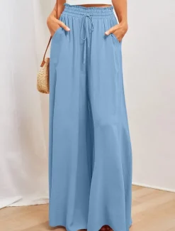 Women's Wide Leg Chinos Baggy Pants Basic Casual Full Length High Waist Plain Pocket Elastic Waistband Comfy Soft Comfortable Micro-elastic Outdoor Street Blue Orange Green Khaki Summer Spring