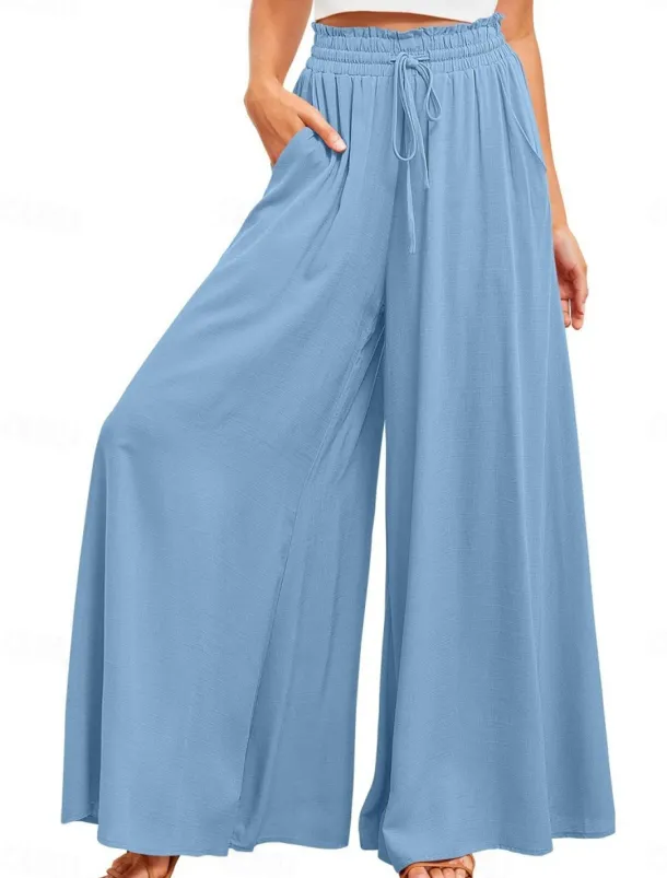 Women's Wide Leg Chinos Baggy Pants Basic Casual Full Length High Waist Plain Pocket Elastic Waistband Comfy Soft Comfortable Micro-elastic Outdoor Street Blue Orange Green Khaki Summer Spring