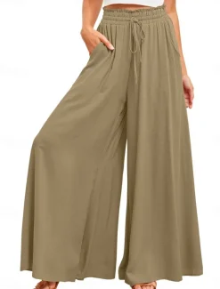 Women's Wide Leg Chinos Baggy Pants Basic Casual Full Length High Waist Plain Pocket Elastic Waistband Comfy Soft Comfortable Micro-elastic Outdoor Street Blue Orange Green Khaki Summer Spring