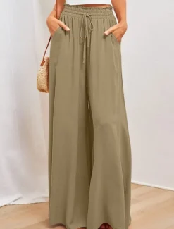 Women's Wide Leg Chinos Baggy Pants Basic Casual Full Length High Waist Plain Pocket Elastic Waistband Comfy Soft Comfortable Micro-elastic Outdoor Street Blue Orange Green Khaki Summer Spring