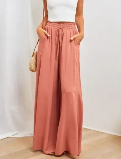 Women's Wide Leg Chinos Baggy Pants Basic Casual Full Length High Waist Plain Pocket Elastic Waistband Comfy Soft Comfortable Micro-elastic Outdoor Street Blue Orange Green Khaki Summer Spring