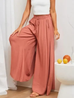 Women's Wide Leg Chinos Baggy Pants Basic Casual Full Length High Waist Plain Pocket Elastic Waistband Comfy Soft Comfortable Micro-elastic Outdoor Street Blue Orange Green Khaki Summer Spring