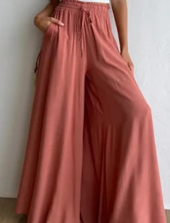 Women's Wide Leg Chinos Baggy Pants Basic Casual Full Length High Waist Plain Pocket Elastic Waistband Comfy Soft Comfortable Micro-elastic Outdoor Street Blue Orange Green Khaki Summer Spring