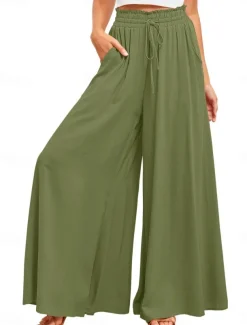 Women's Wide Leg Chinos Baggy Pants Basic Casual Full Length High Waist Plain Pocket Elastic Waistband Comfy Soft Comfortable Micro-elastic Outdoor Street Blue Orange Green Khaki Summer Spring
