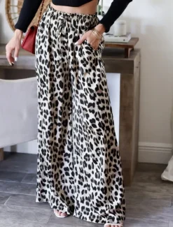 Women's Wide Leg Chinos Fashion Streetwear Full Length High Waist Leopard Pocket Elastic Waistband Comfy Soft Comfortable Micro-elastic Outdoor Street Leopard Summer Spring Fall Regular Fit