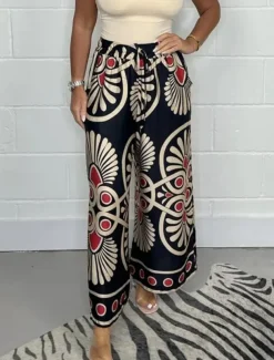 Women's Wide Leg Chinos Fashion Streetwear Full Length High Waist Floral Elastic Waistband Print Comfy Soft Comfortable Micro-elastic Outdoor Street Apple Green Black Dark Navy Green Summer Spring