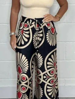 Women's Wide Leg Chinos Fashion Streetwear Full Length High Waist Floral Elastic Waistband Print Comfy Soft Comfortable Micro-elastic Outdoor Street Apple Green Black Dark Navy Green Summer Spring