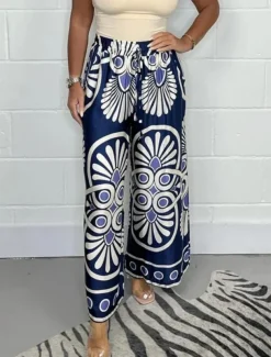 Women's Wide Leg Chinos Fashion Streetwear Full Length High Waist Floral Elastic Waistband Print Comfy Soft Comfortable Micro-elastic Outdoor Street Apple Green Black Dark Navy Green Summer Spring