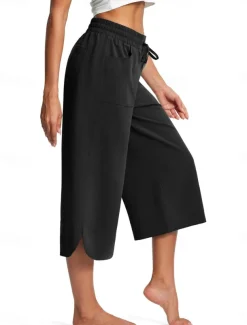 Women's Wide Leg Chinos Fashion Streetwear Calf-Length High Waist Plain Pocket Elastic Waistband Comfy Soft Comfortable Micro-elastic Outdoor Street Navy-blue Army Green Black Blue Summer Spring