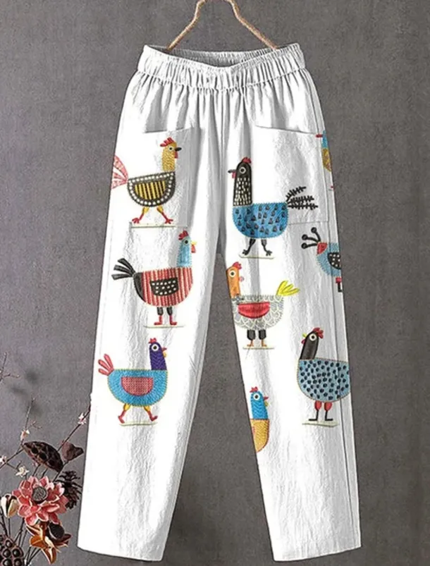 Women's Wide Leg Chinos Slacks Vacation Vintage Ethnic Style Full Length High Waist Floral Graphic Animal Pocket Comfy Breathability Lightweight Inelastic Outdoor Vacation Causal White Blue Summer