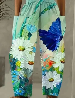 Women's Wide Leg Chinos Vacation Vintage Ethnic Style Full Length High Waist Floral Graphic Abstract Elastic Waistband Inelastic Causal Casual Daily Purple Green Light Green Summer Spring Loose Fit