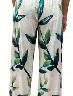 Women's Wide Leg Cotton Linen Pants Slacks Streetwear Casual Full Length Natural Floral Pocket Printing Comfy Outdoor Outdoor Vacation Street Black Grey Orange red Forest Green Depression Green Summer