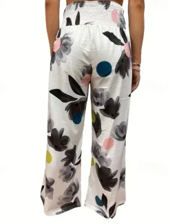 Women's Wide Leg Cotton Linen Pants Slacks Streetwear Casual Full Length Natural Floral Pocket Printing Comfy Outdoor Outdoor Vacation Street Black Grey Orange red Forest Green Depression Green Summer