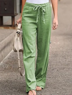 Women's Wide Leg Cotton Linen Pants Pants Trousers Streetwear Casual Long High Waist Plain Pocket High Cut Breathability Soft Micro-elastic Vacation Street Daily Wear Black White Light Green Blue
