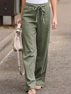 Women's Wide Leg Cotton Linen Pants Pants Trousers Streetwear Casual Long High Waist Plain Pocket High Cut Breathability Soft Micro-elastic Vacation Street Daily Wear Black White Light Green Blue