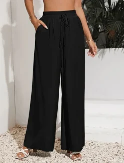 Women's Wide Leg Pants Trousers Casual Daily Long Plain Drawstring Side Pockets Breathability Comfortable Micro-elastic Weekend Black Red Beige Gray Spring & Summer Regular Fit