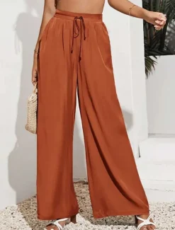 Women's Wide Leg Pants Trousers Casual Daily Long Plain Drawstring Side Pockets Breathability Comfortable Micro-elastic Weekend Black Red Beige Gray Spring & Summer Regular Fit