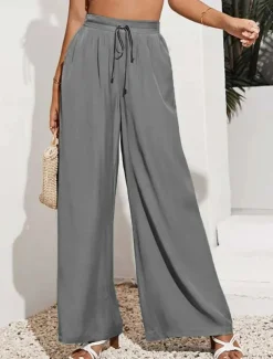 Women's Wide Leg Pants Trousers Casual Daily Long Plain Drawstring Side Pockets Breathability Comfortable Micro-elastic Weekend Black Red Beige Gray Spring & Summer Regular Fit