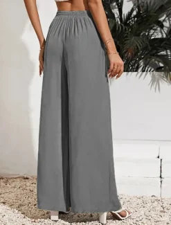 Women's Wide Leg Pants Trousers Casual Daily Long Plain Drawstring Side Pockets Breathability Comfortable Micro-elastic Weekend Black Red Beige Gray Spring & Summer Regular Fit