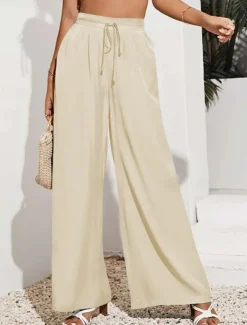 Women's Wide Leg Pants Trousers Casual Daily Long Plain Drawstring Side Pockets Breathability Comfortable Micro-elastic Weekend Black Red Beige Gray Spring & Summer Regular Fit