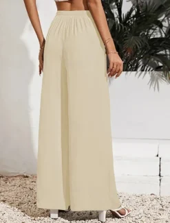 Women's Wide Leg Pants Trousers Casual Daily Long Plain Drawstring Side Pockets Breathability Comfortable Micro-elastic Weekend Black Red Beige Gray Spring & Summer Regular Fit