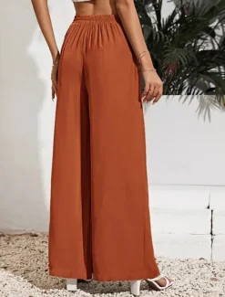 Women's Wide Leg Pants Trousers Casual Daily Long Plain Drawstring Side Pockets Breathability Comfortable Micro-elastic Weekend Black Red Beige Gray Spring & Summer Regular Fit
