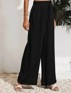 Women's Wide Leg Pants Trousers Casual Daily Long Plain Drawstring Side Pockets Breathability Comfortable Micro-elastic Weekend Black Red Beige Gray Spring & Summer Regular Fit