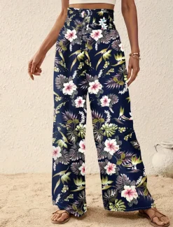 Women's Wide Leg Pants Trousers Casual Daily Long Floral Wide Leg Printing Breathability Comfortable Micro-elastic Vacation Weekend Pink Navy Blue Blue Apricot Spring & Summer Regular Fit
