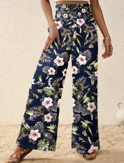 Women's Wide Leg Pants Trousers Casual Daily Long Floral Wide Leg Printing Breathability Comfortable Micro-elastic Vacation Weekend Pink Navy Blue Blue Apricot Spring & Summer Regular Fit