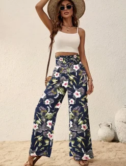 Women's Wide Leg Pants Trousers Casual Daily Long Floral Wide Leg Printing Breathability Comfortable Micro-elastic Vacation Weekend Pink Navy Blue Blue Apricot Spring & Summer Regular Fit