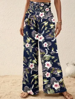 Women's Wide Leg Pants Trousers Casual Daily Long Floral Wide Leg Printing Breathability Comfortable Micro-elastic Vacation Weekend Pink Navy Blue Blue Apricot Spring & Summer Regular Fit